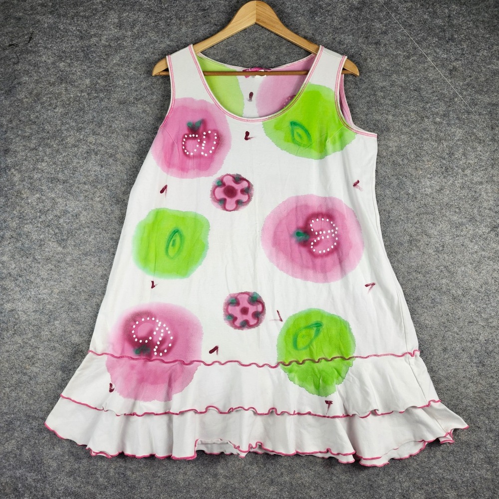 Crazy Fish Sleeveless Dress Women XL White Pink Green Ruffle Hawaii Resortwear